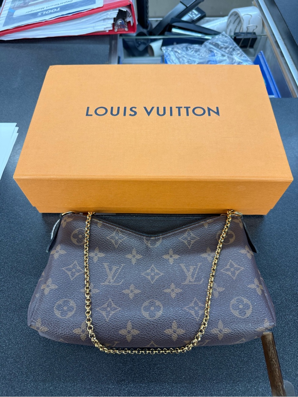 Louis Vuitton Brown Monogram Canvas Chain Shoulder Bag PALLAS clutch purse
